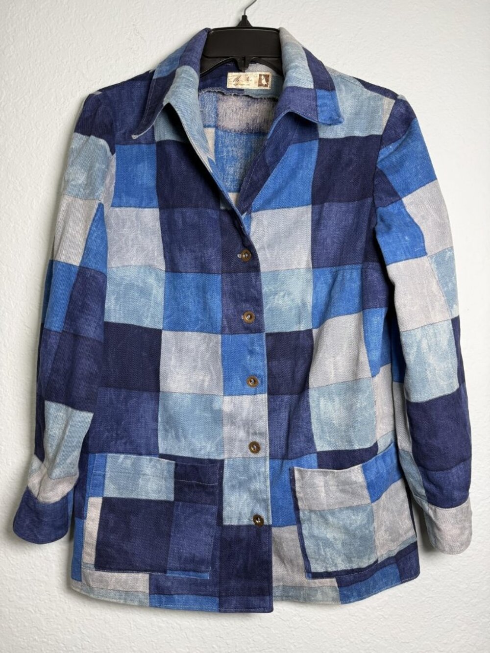 Vtg Mr Noe Patchwork Shirt Jacket Womens M Blue Checked 1970s Shacket Resort Mod